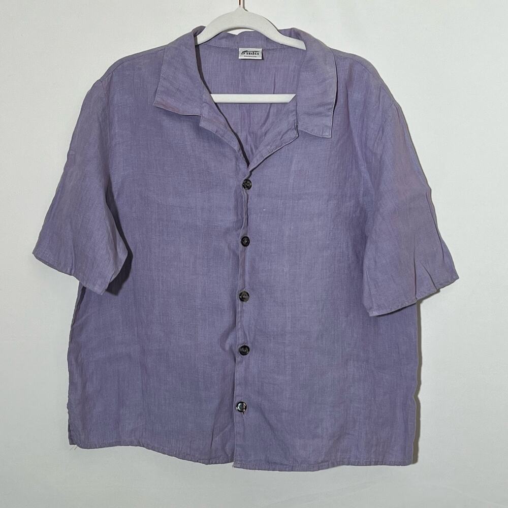 CP Shades Short Sleeve Linen Button Down Top Purple Women Size M Organic Minimal